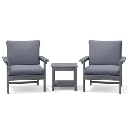 Set da conversazione per patio esterno in HDPE, 2 poltrone e tavolino doppio, cuscini rimovibili inclusi