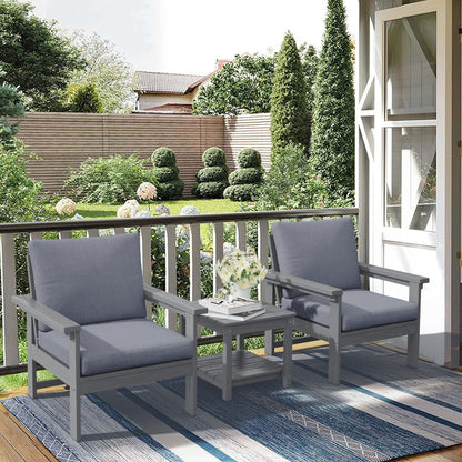 Set da conversazione per patio esterno in HDPE, 2 poltrone e tavolino doppio, cuscini rimovibili inclusi