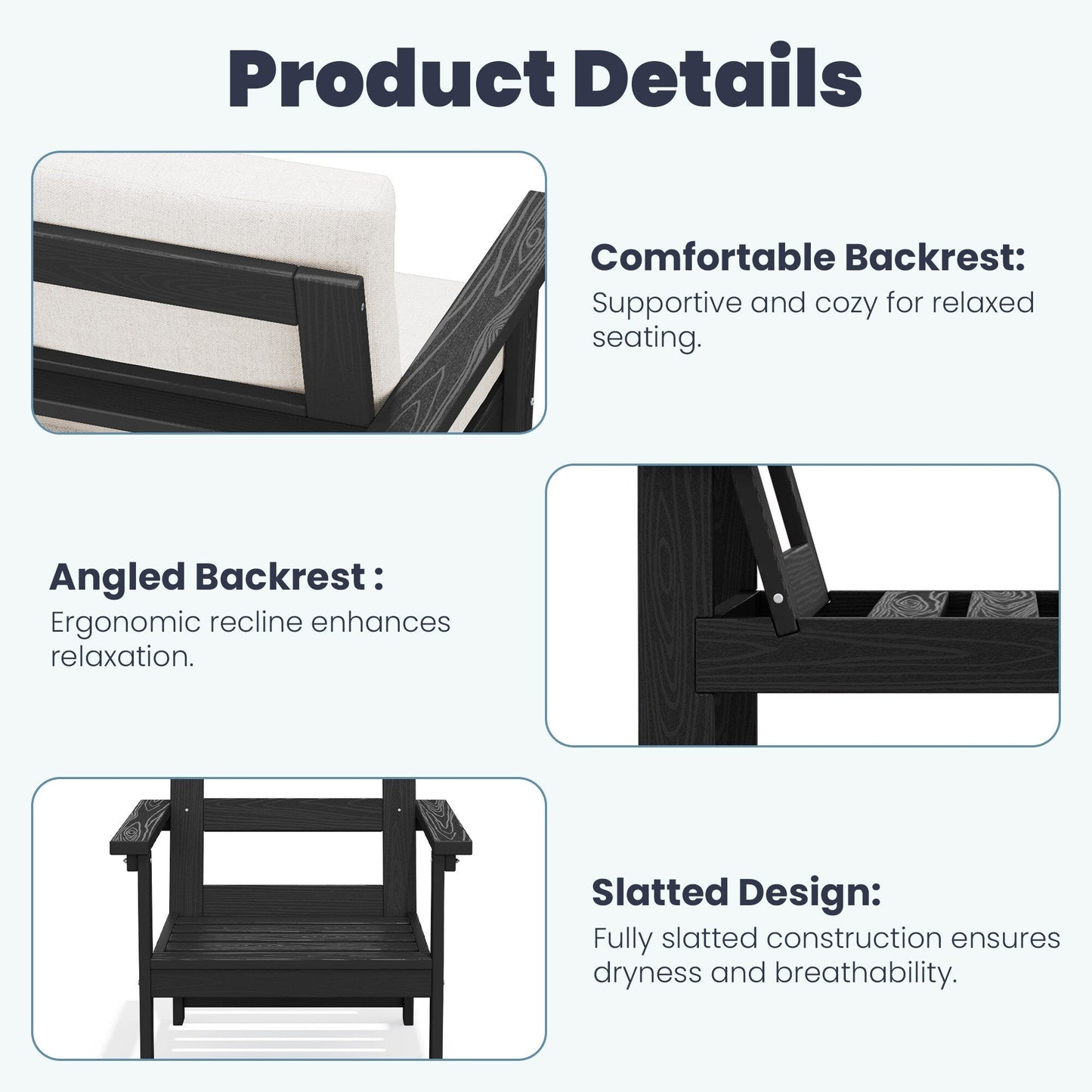 Set da conversazione per patio esterno in HDPE, 2 poltrone e tavolino doppio, cuscini rimovibili inclusi