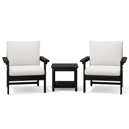 Set da conversazione per patio esterno in HDPE, 2 poltrone e tavolino doppio, cuscini rimovibili inclusi