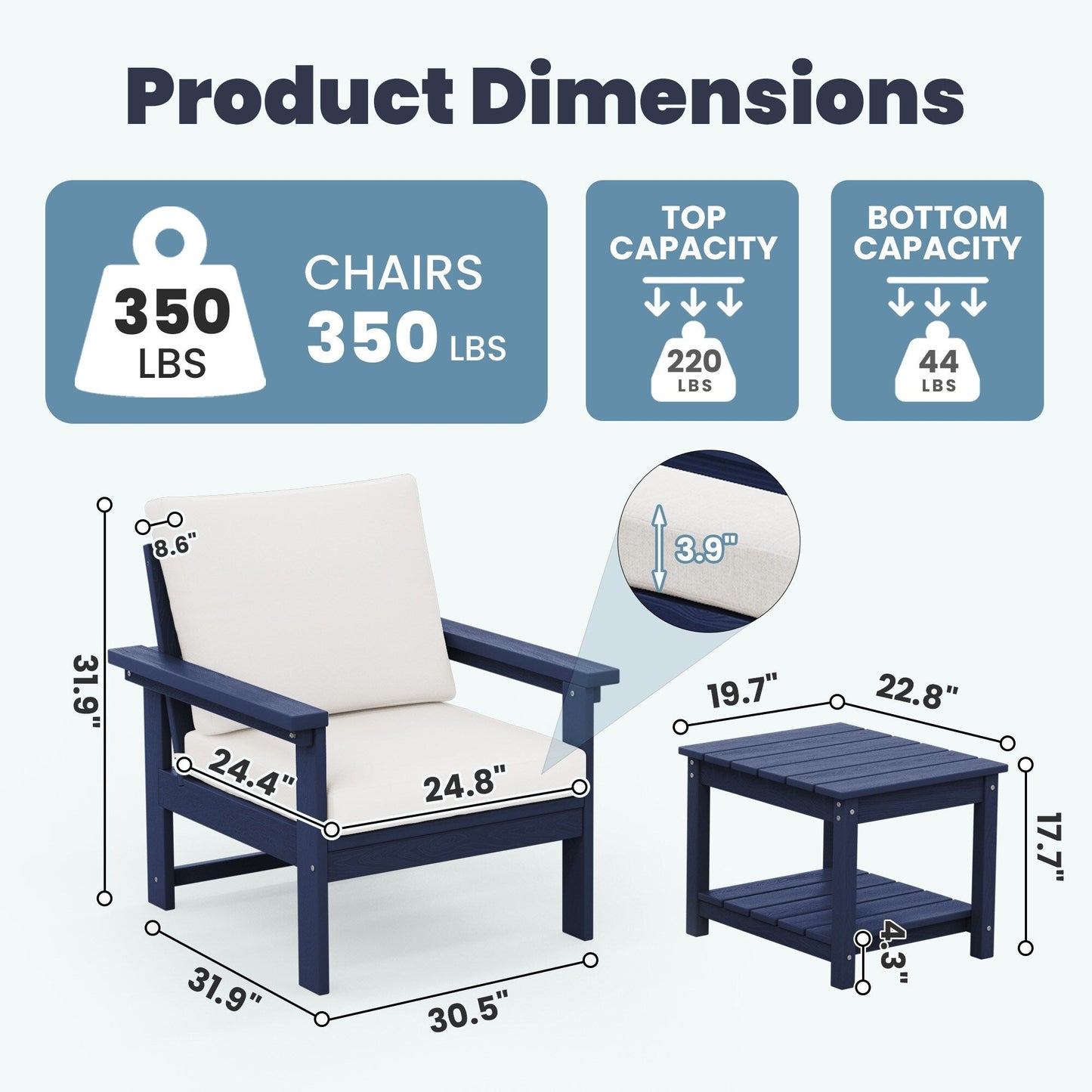 Set da conversazione per patio esterno in HDPE, 2 poltrone e tavolino doppio, cuscini rimovibili inclusi