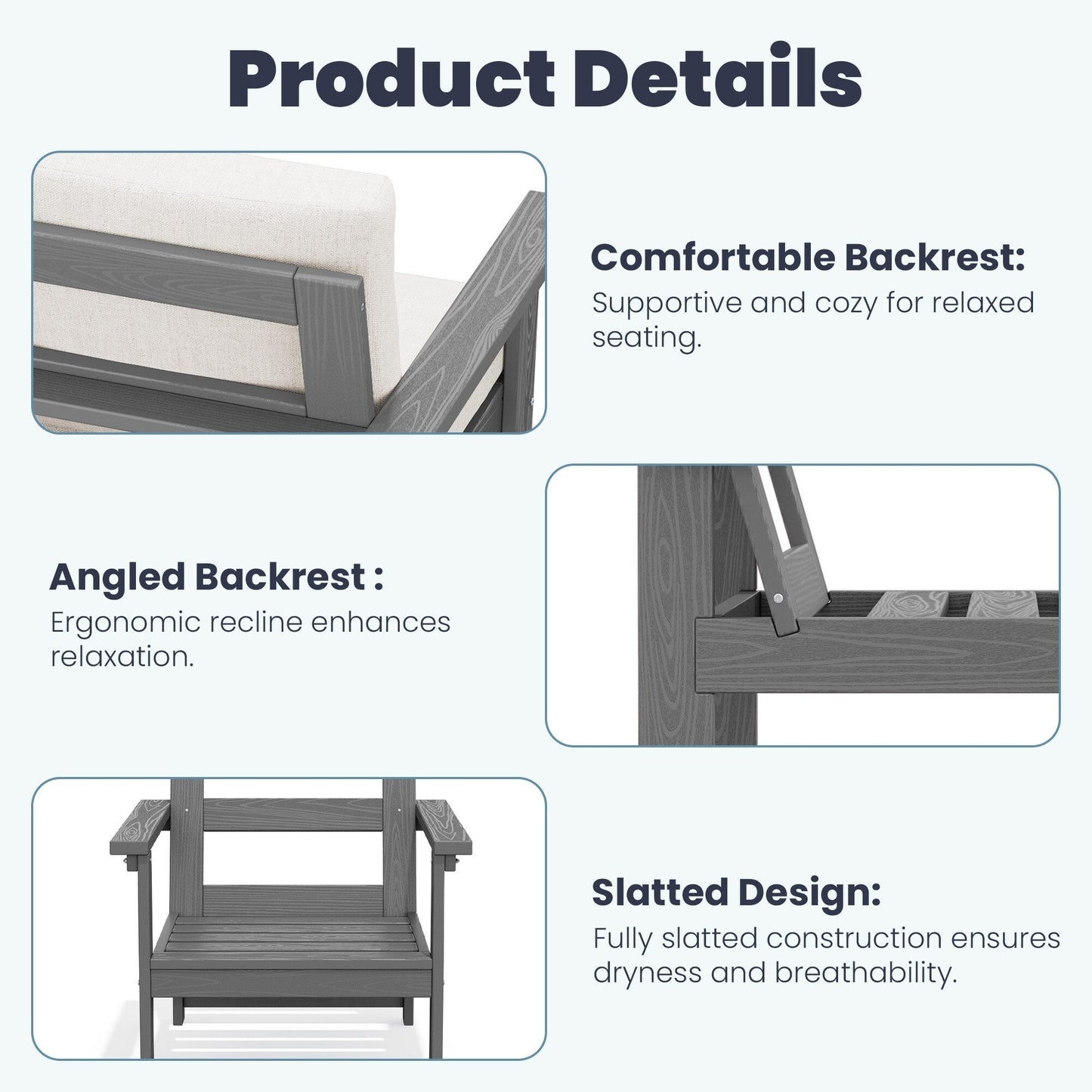 Set da conversazione per patio esterno in HDPE, 2 poltrone e tavolino doppio, cuscini rimovibili inclusi