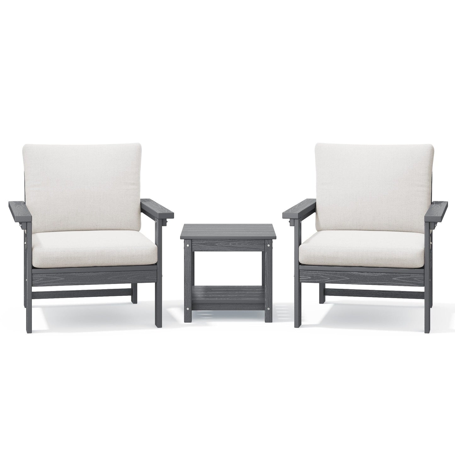 Set da conversazione per patio esterno in HDPE, 2 poltrone e tavolino doppio, cuscini rimovibili inclusi