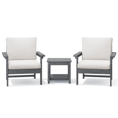 Set da conversazione per patio esterno in HDPE, 2 poltrone e tavolino doppio, cuscini rimovibili inclusi