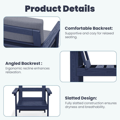 Set da conversazione per patio esterno in HDPE, 2 poltrone e tavolino doppio, cuscini rimovibili inclusi