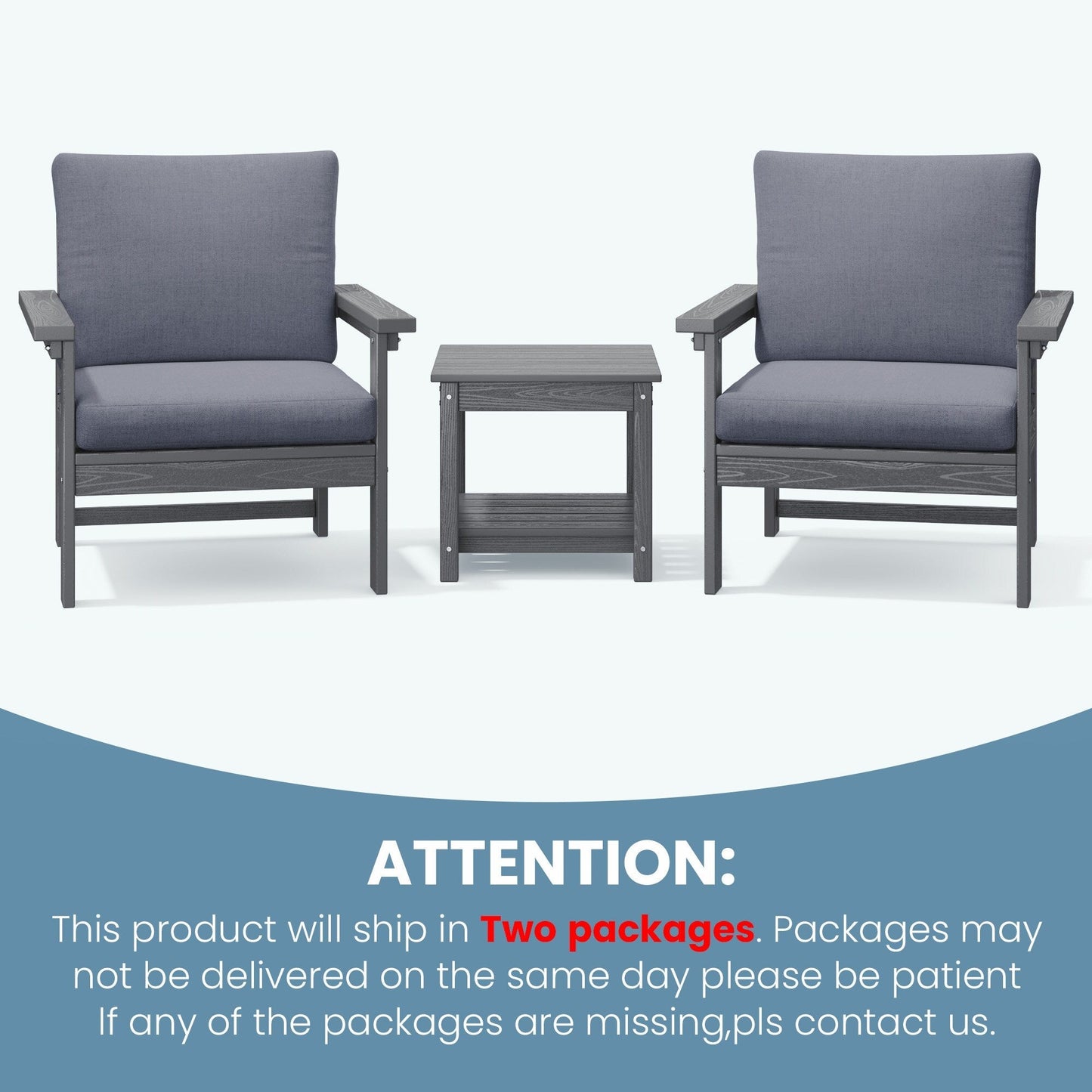 Set da conversazione per patio esterno in HDPE, 2 poltrone e tavolino doppio, cuscini rimovibili inclusi