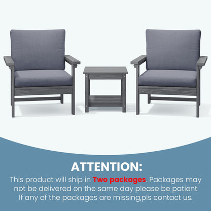 Set da conversazione per patio esterno in HDPE, 2 poltrone e tavolino doppio, cuscini rimovibili inclusi