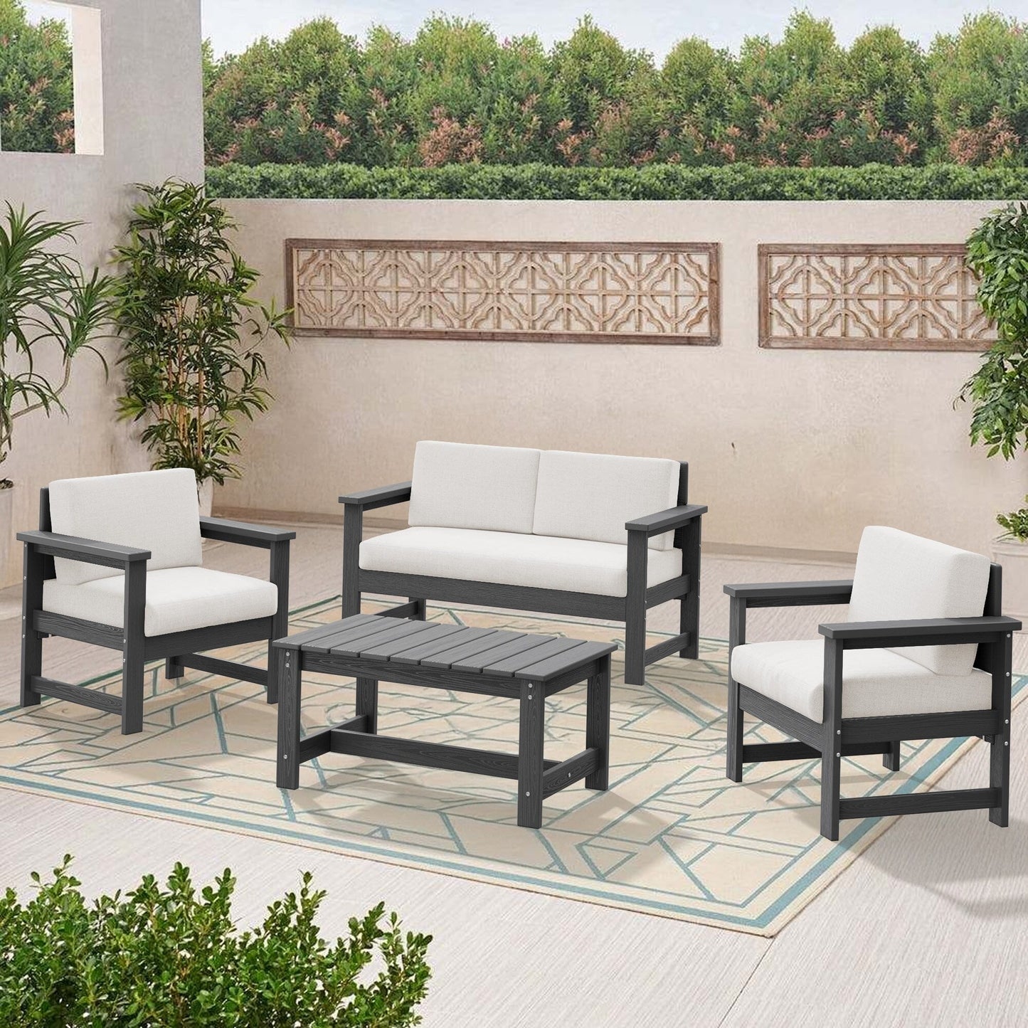 Set di divani componibili e tavolo da esterno in HDPE per patio, cuscini rimovibili inclusi, un divano a due posti, 2 divani singoli