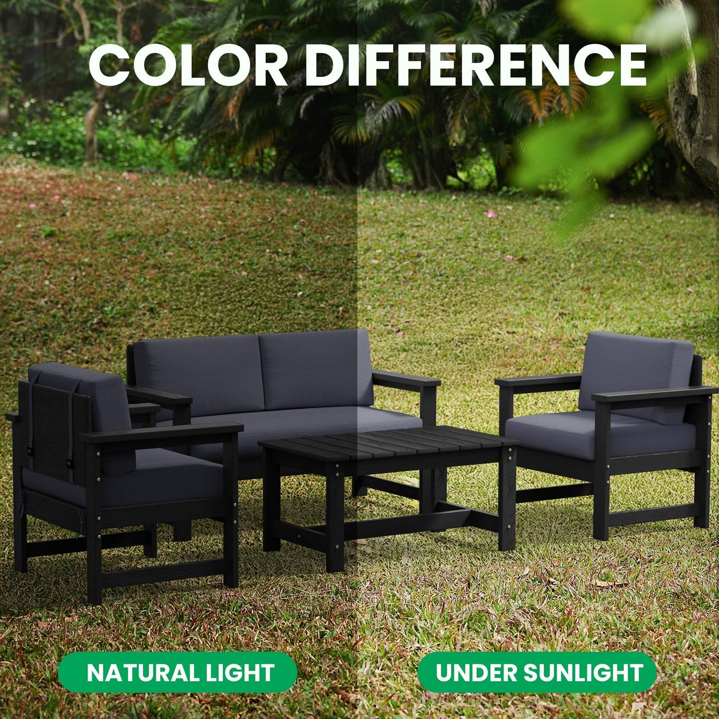 Set di divani componibili e tavolo da esterno in HDPE per patio, cuscini rimovibili inclusi, un divano a due posti, 2 divani singoli