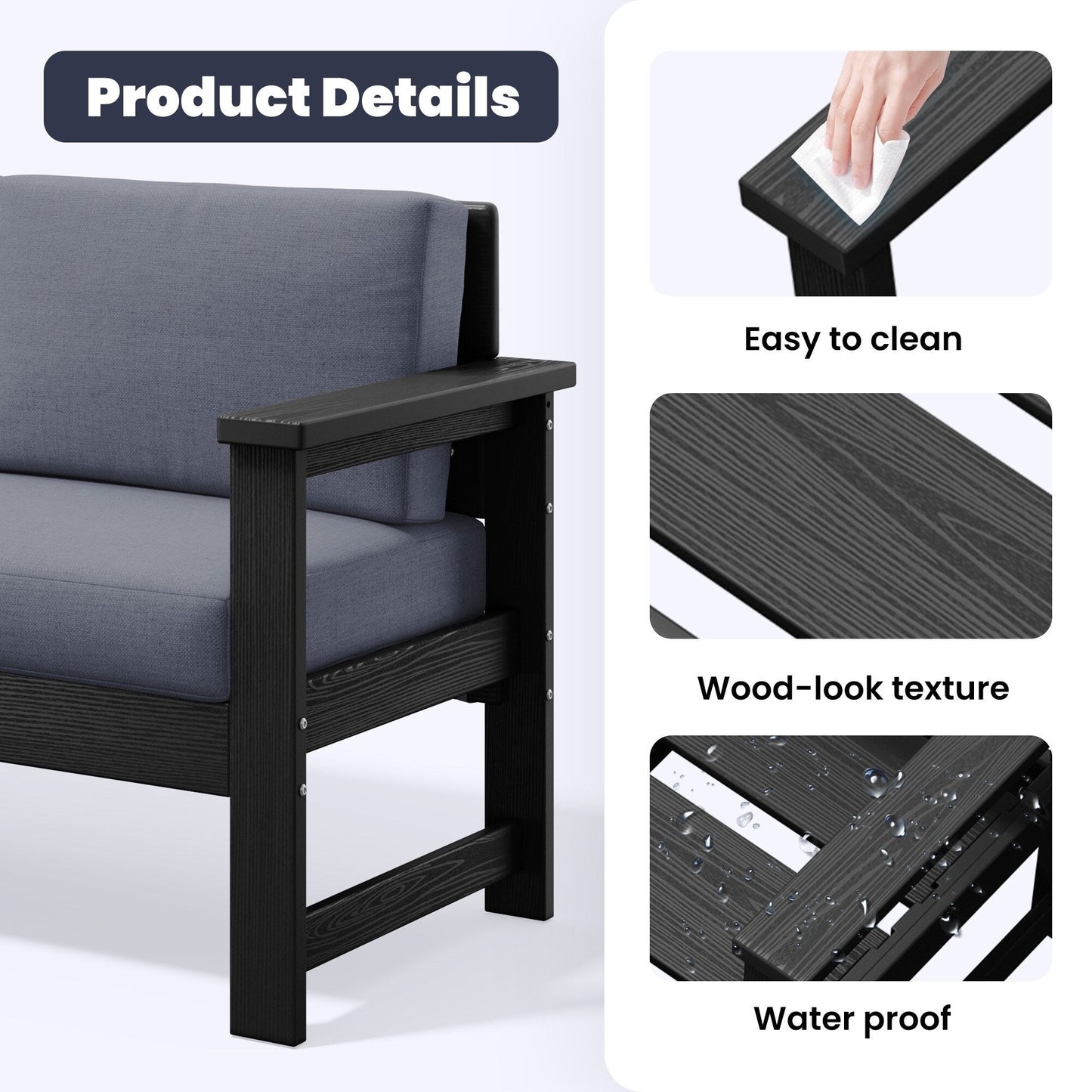 Set di divani componibili e tavolo da esterno in HDPE per patio, cuscini rimovibili inclusi, un divano a due posti, 2 divani singoli