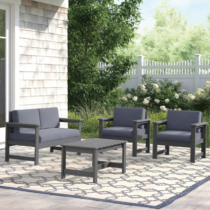 Set di divani componibili e tavolo da esterno in HDPE per patio, cuscini rimovibili inclusi, un divano a due posti, 2 divani singoli