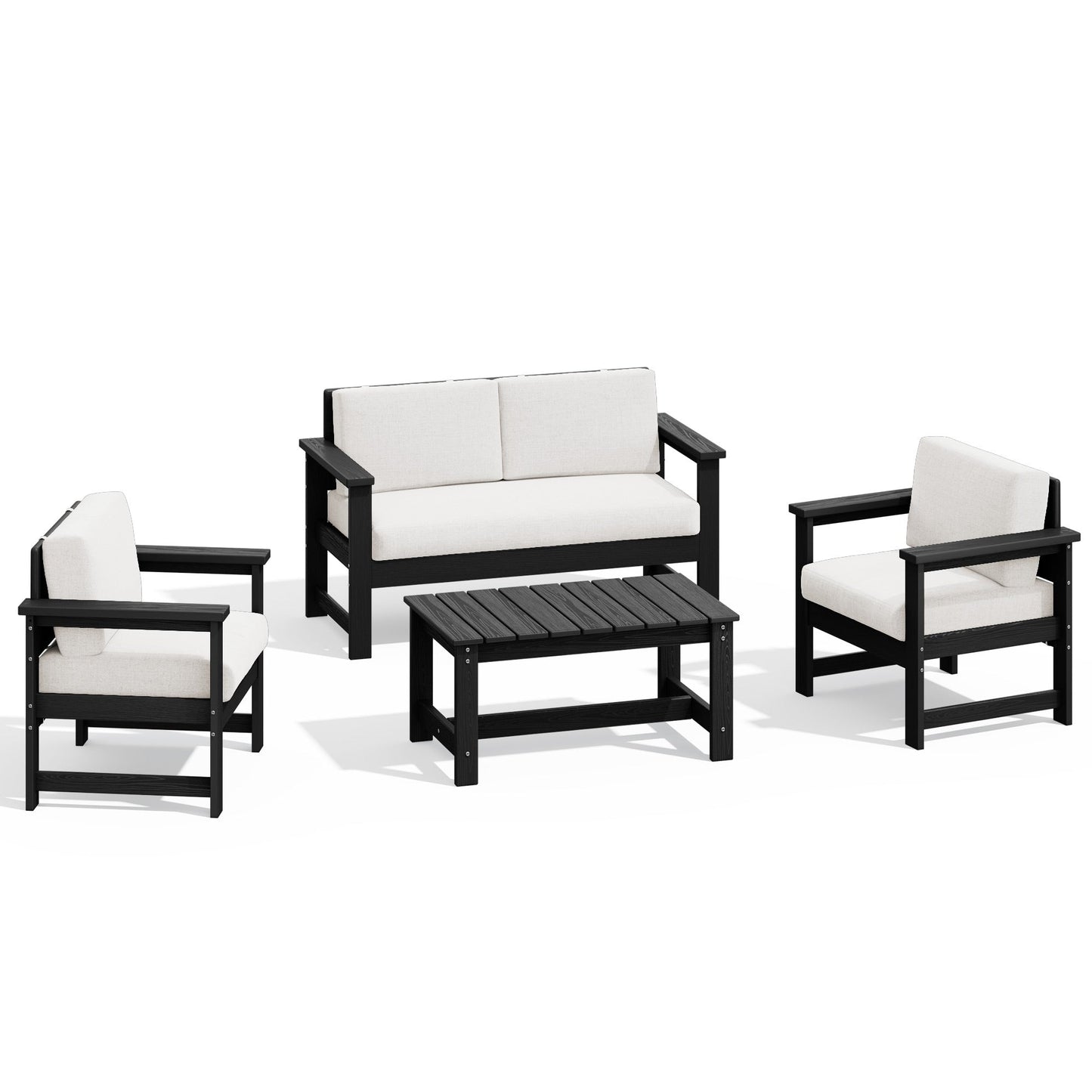 Set di divani componibili e tavolo da esterno in HDPE per patio, cuscini rimovibili inclusi, un divano a due posti, 2 divani singoli