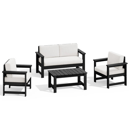 Set di divani componibili e tavolo da esterno in HDPE per patio, cuscini rimovibili inclusi, un divano a due posti, 2 divani singoli