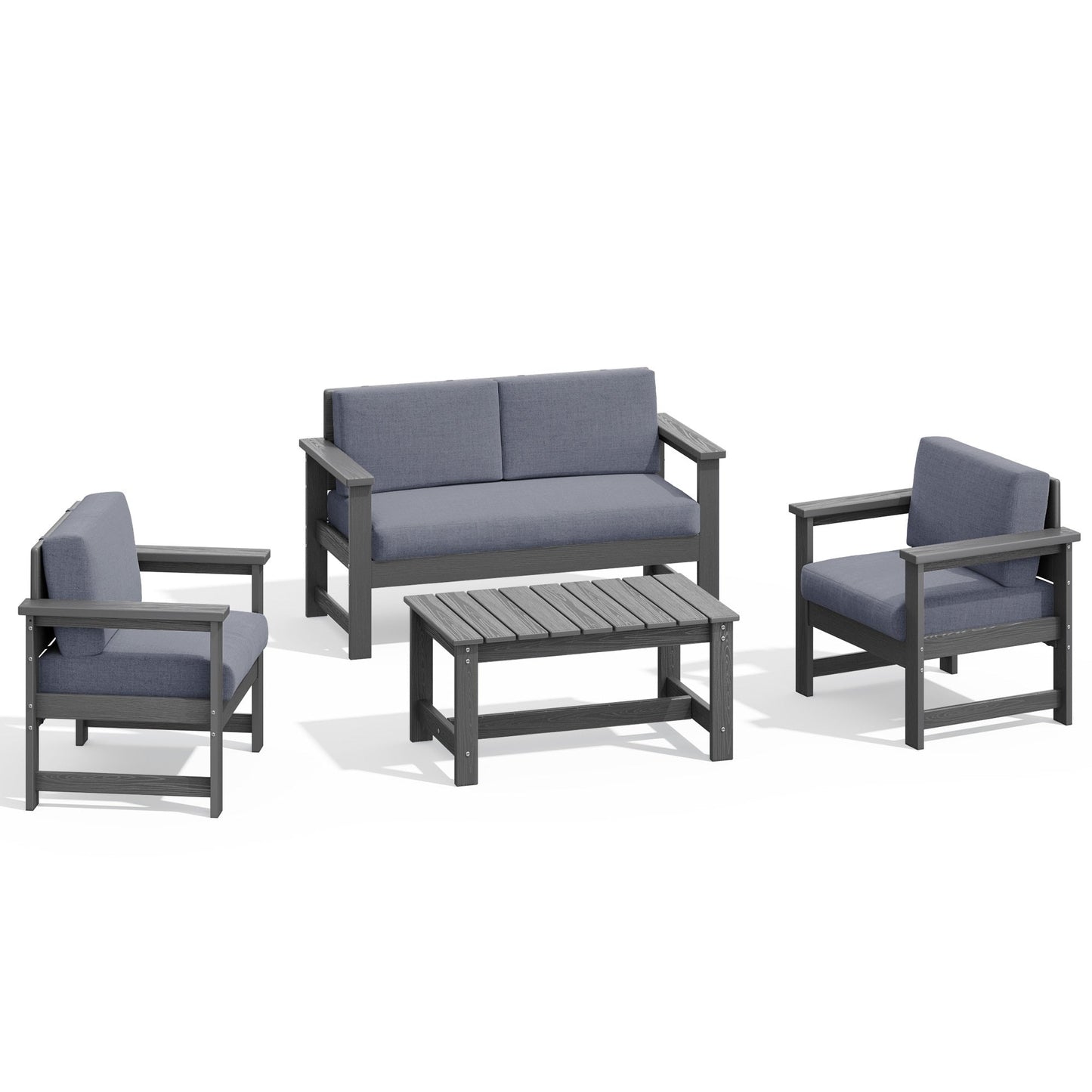 Set di divani componibili e tavolo da esterno in HDPE per patio, cuscini rimovibili inclusi, un divano a due posti, 2 divani singoli