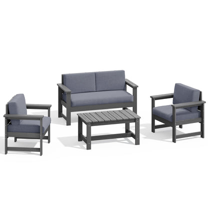 Set di divani componibili e tavolo da esterno in HDPE per patio, cuscini rimovibili inclusi, un divano a due posti, 2 divani singoli