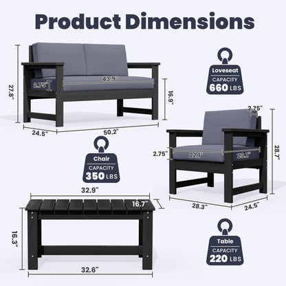 Set di divani componibili e tavolo da esterno in HDPE per patio, cuscini rimovibili inclusi, un divano a due posti, 2 divani singoli