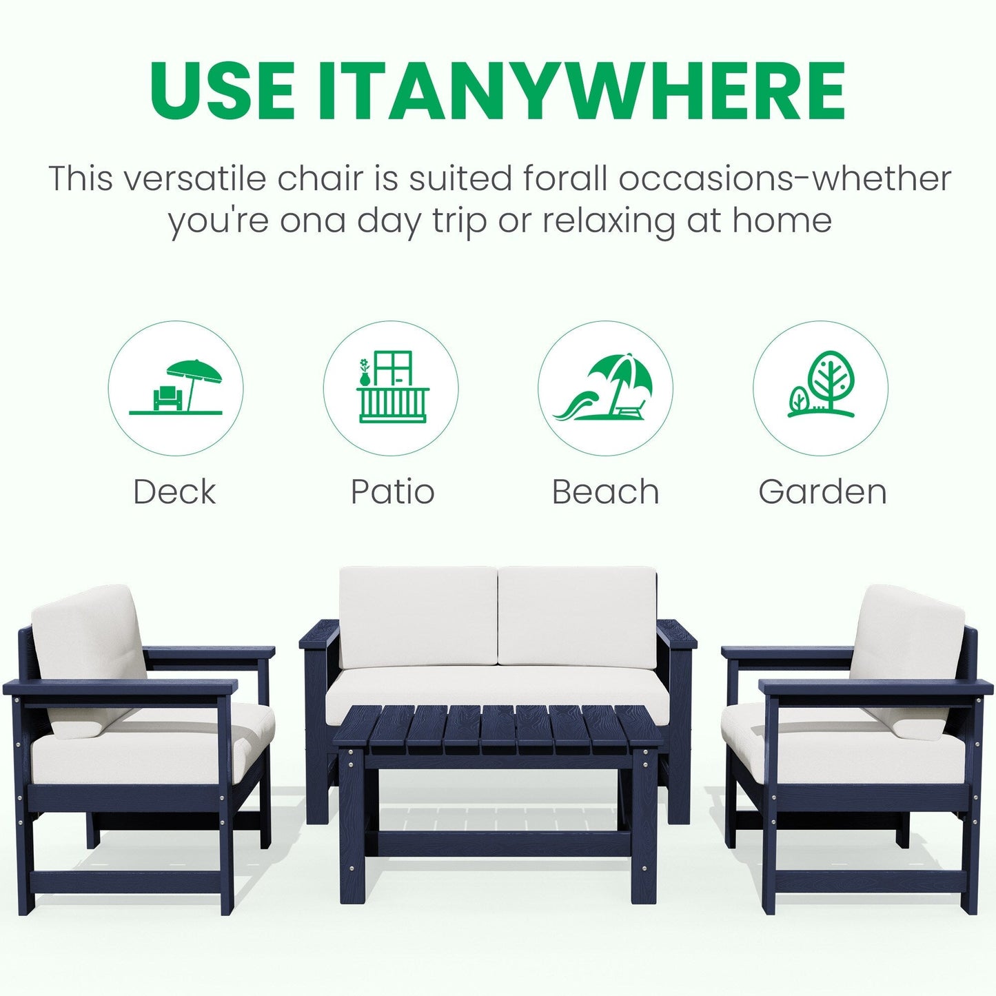 Set di divani componibili e tavolo da esterno in HDPE per patio, cuscini rimovibili inclusi, un divano a due posti, 2 divani singoli