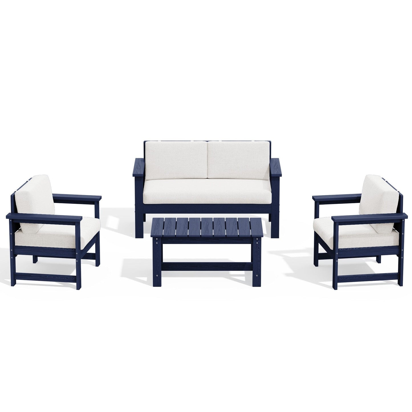 Set di divani componibili e tavolo da esterno in HDPE per patio, cuscini rimovibili inclusi, un divano a due posti, 2 divani singoli