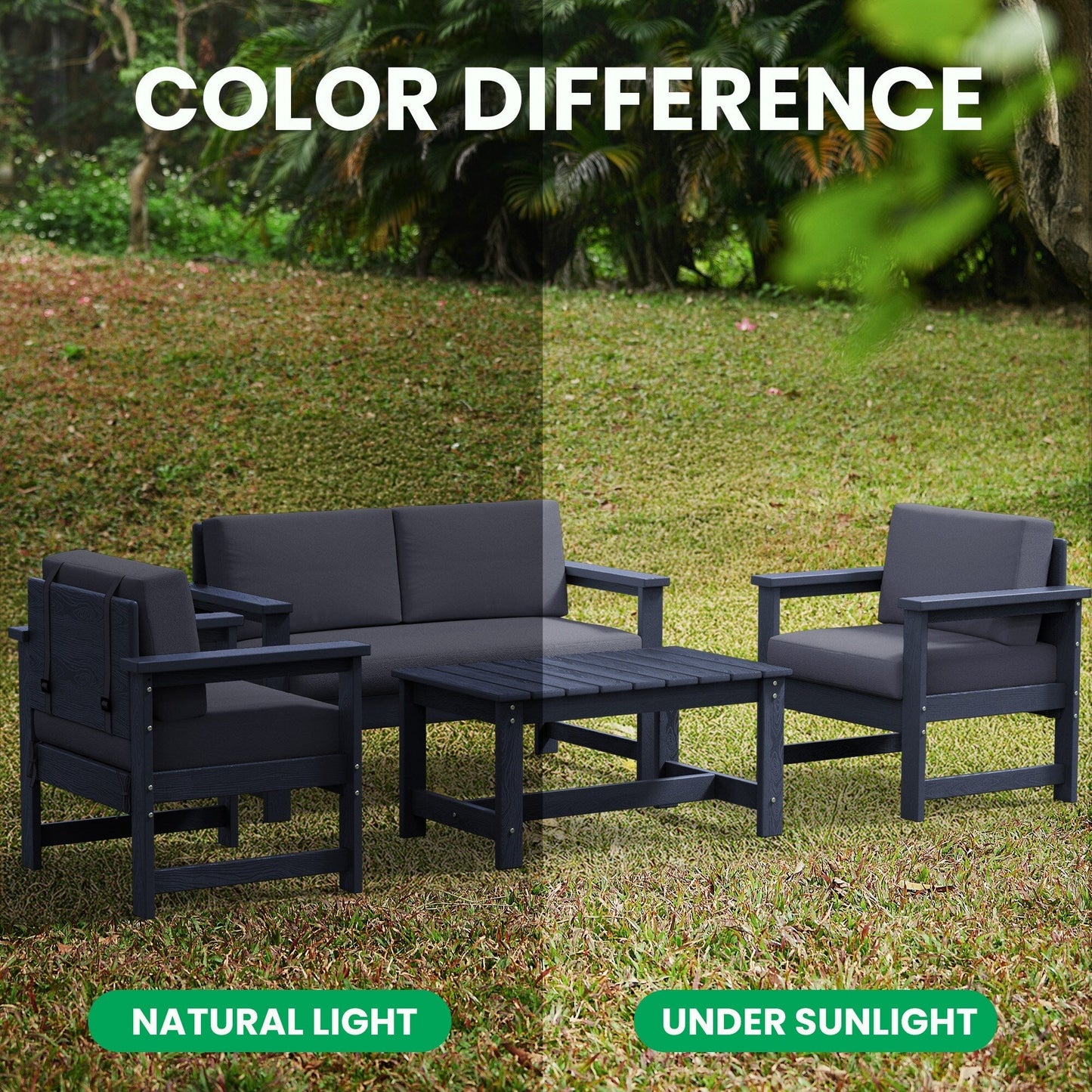 Set di divani componibili e tavolo da esterno in HDPE per patio, cuscini rimovibili inclusi, un divano a due posti, 2 divani singoli