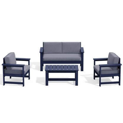 Set di divani componibili e tavolo da esterno in HDPE per patio, cuscini rimovibili inclusi, un divano a due posti, 2 divani singoli