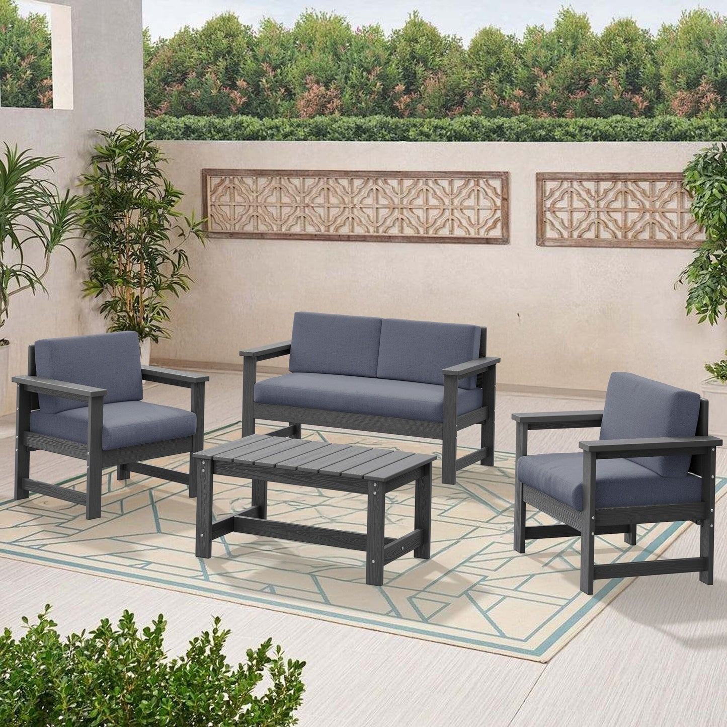 Set di divani componibili e tavolo da esterno in HDPE per patio, cuscini rimovibili inclusi, un divano a due posti, 2 divani singoli