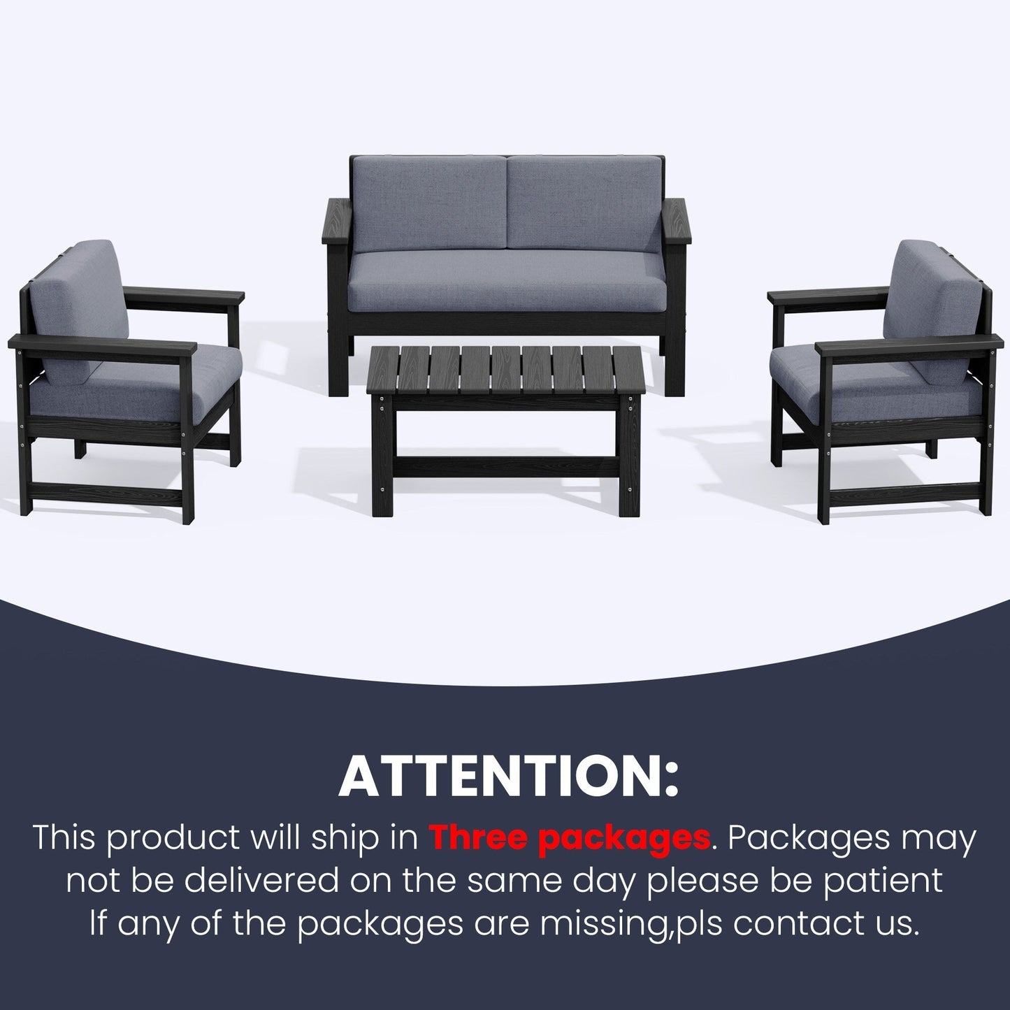 Set di divani componibili e tavolo da esterno in HDPE per patio, cuscini rimovibili inclusi, un divano a due posti, 2 divani singoli