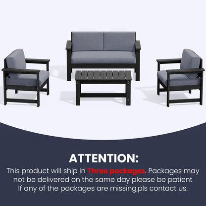 Set di divani componibili e tavolo da esterno in HDPE per patio, cuscini rimovibili inclusi, un divano a due posti, 2 divani singoli