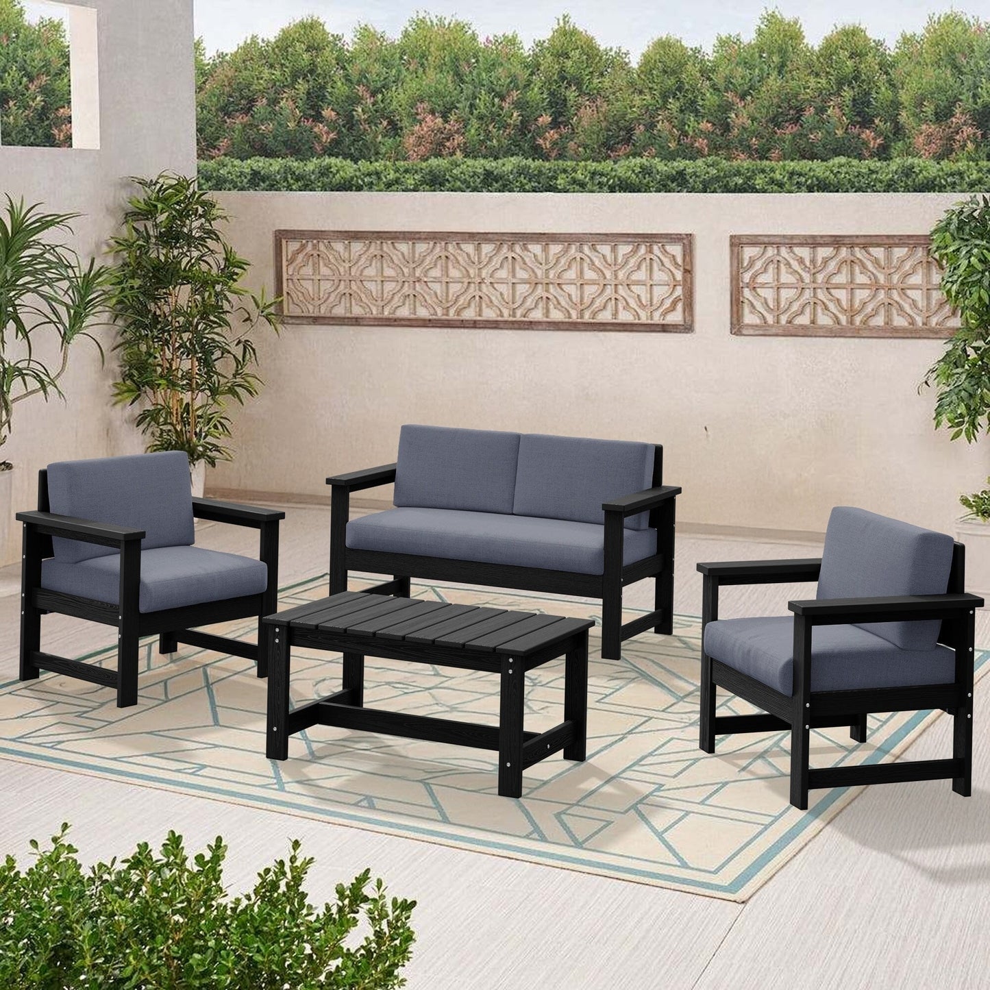 Set di divani componibili e tavolo da esterno in HDPE per patio, cuscini rimovibili inclusi, un divano a due posti, 2 divani singoli