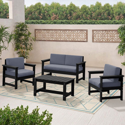 Set di divani componibili e tavolo da esterno in HDPE per patio, cuscini rimovibili inclusi, un divano a due posti, 2 divani singoli