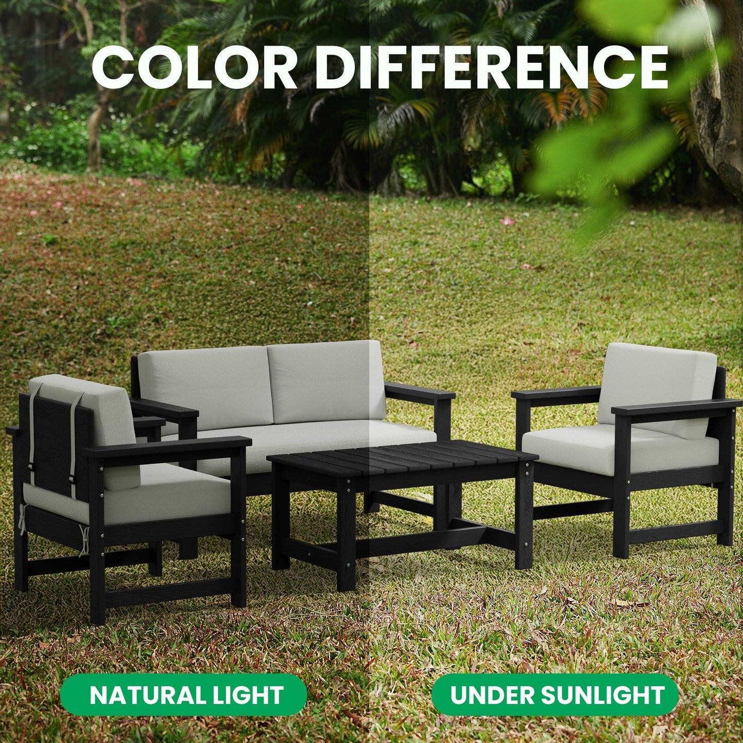 Set di divani componibili e tavolo da esterno in HDPE per patio, cuscini rimovibili inclusi, un divano a due posti, 2 divani singoli