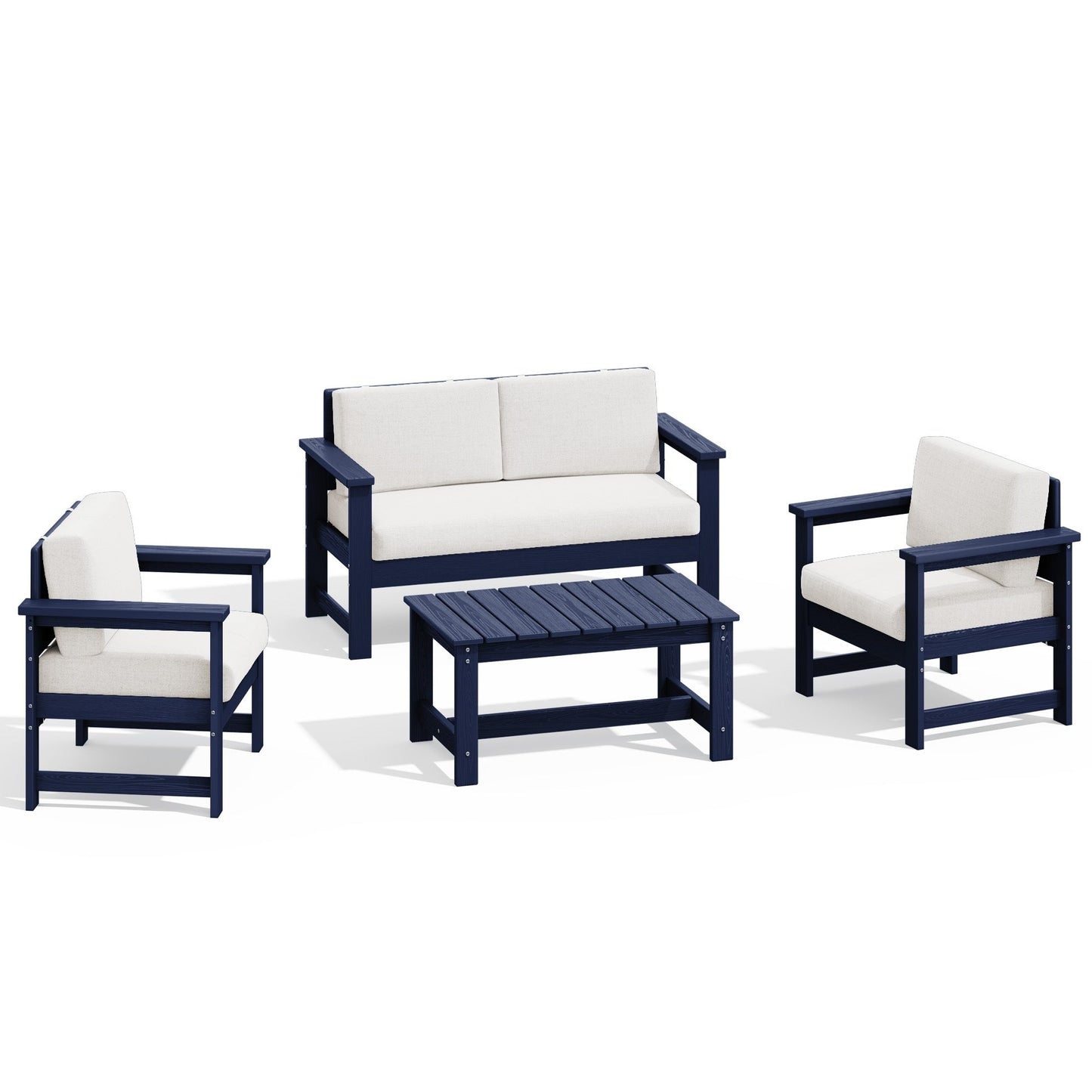 Set di divani componibili e tavolo da esterno in HDPE per patio, cuscini rimovibili inclusi, un divano a due posti, 2 divani singoli