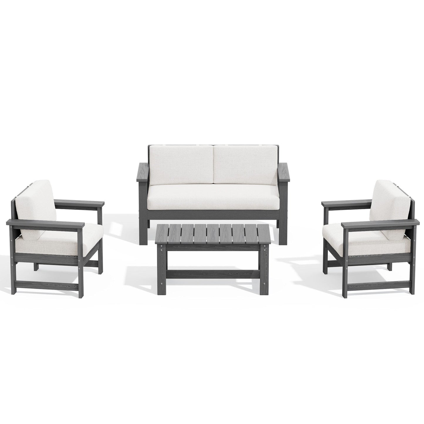 Set di divani componibili e tavolo da esterno in HDPE per patio, cuscini rimovibili inclusi, un divano a due posti, 2 divani singoli