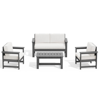 Set di divani componibili e tavolo da esterno in HDPE per patio, cuscini rimovibili inclusi, un divano a due posti, 2 divani singoli