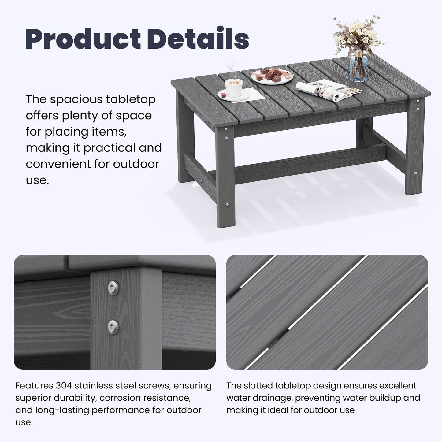 Set di divani componibili e tavolo da esterno in HDPE per patio, cuscini rimovibili inclusi, un divano a due posti, 2 divani singoli