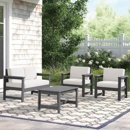 Set di divani componibili e tavolo da esterno in HDPE per patio, cuscini rimovibili inclusi, un divano a due posti, 2 divani singoli