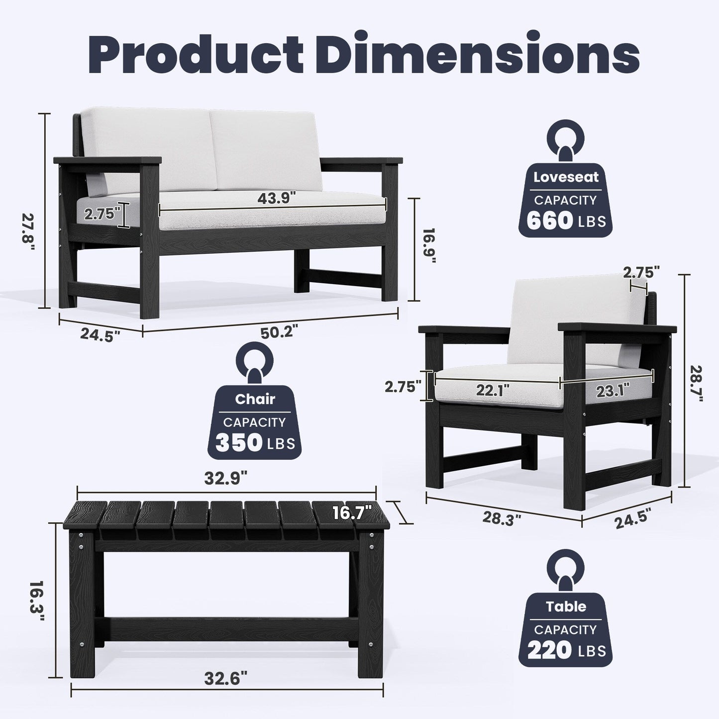 Set di divani componibili e tavolo da esterno in HDPE per patio, cuscini rimovibili inclusi, un divano a due posti, 2 divani singoli