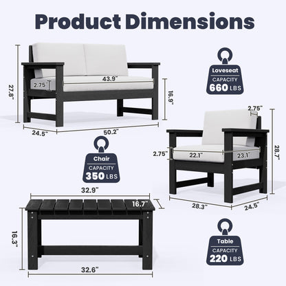 Set di divani componibili e tavolo da esterno in HDPE per patio, cuscini rimovibili inclusi, un divano a due posti, 2 divani singoli