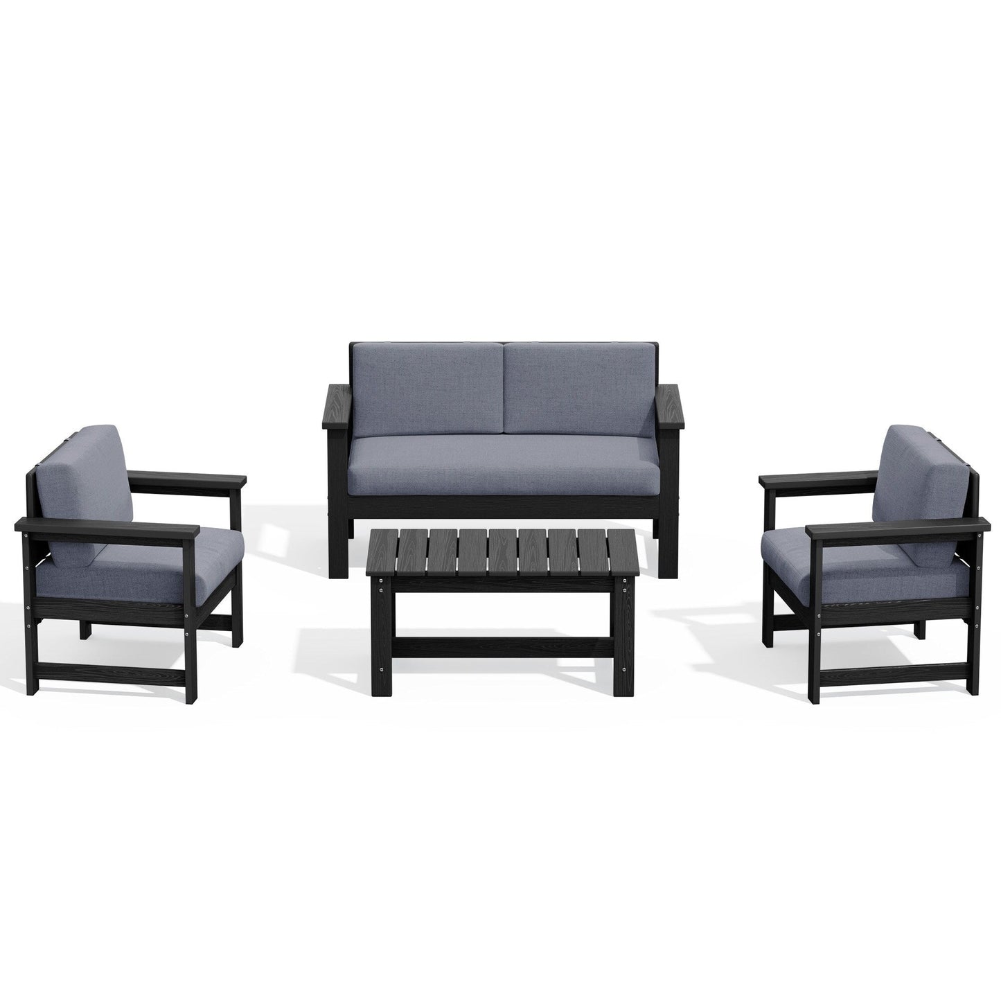 Set di divani componibili e tavolo da esterno in HDPE per patio, cuscini rimovibili inclusi, un divano a due posti, 2 divani singoli