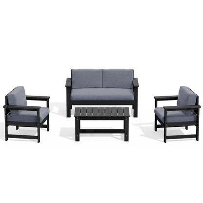 Set di divani componibili e tavolo da esterno in HDPE per patio, cuscini rimovibili inclusi, un divano a due posti, 2 divani singoli