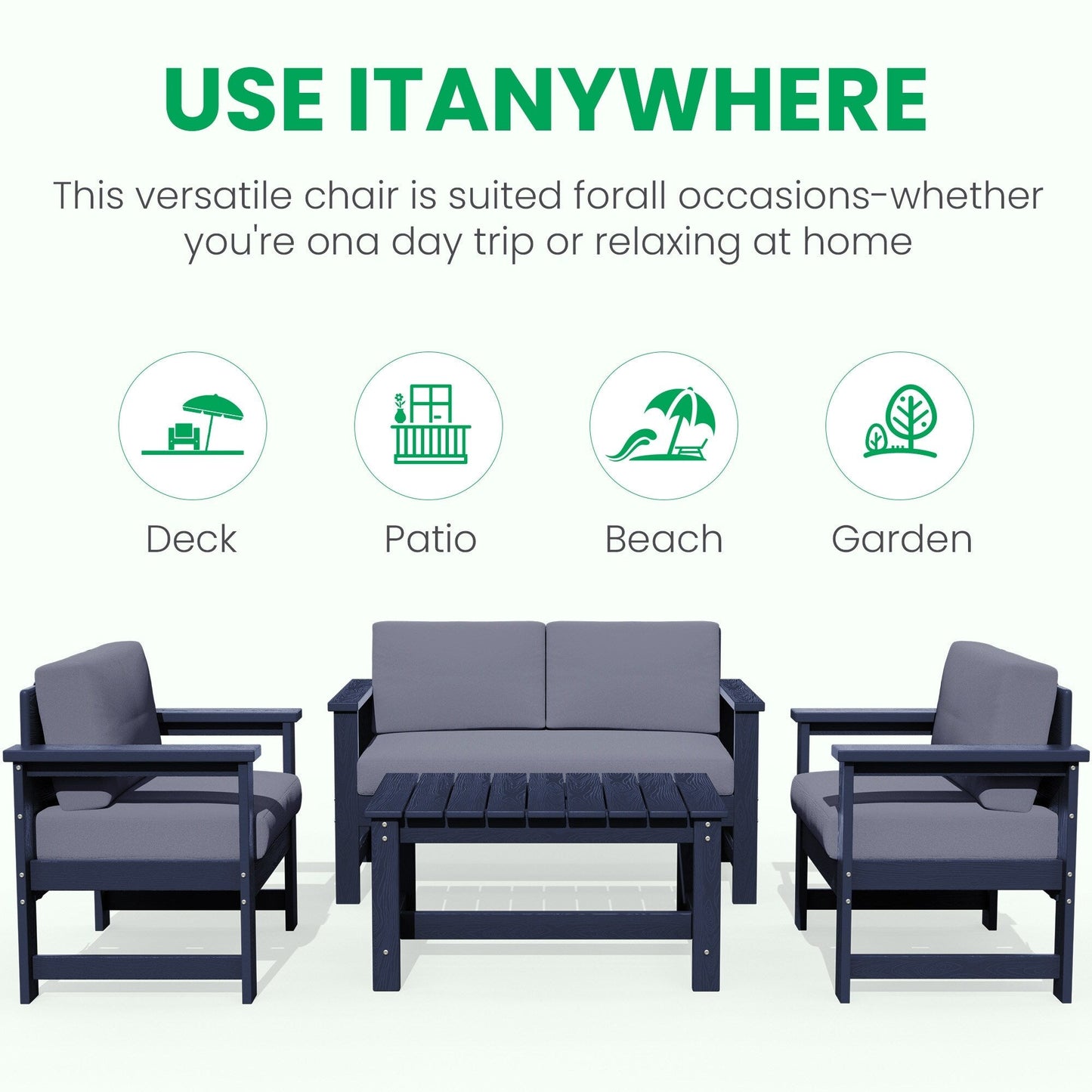 Set di divani componibili e tavolo da esterno in HDPE per patio, cuscini rimovibili inclusi, un divano a due posti, 2 divani singoli