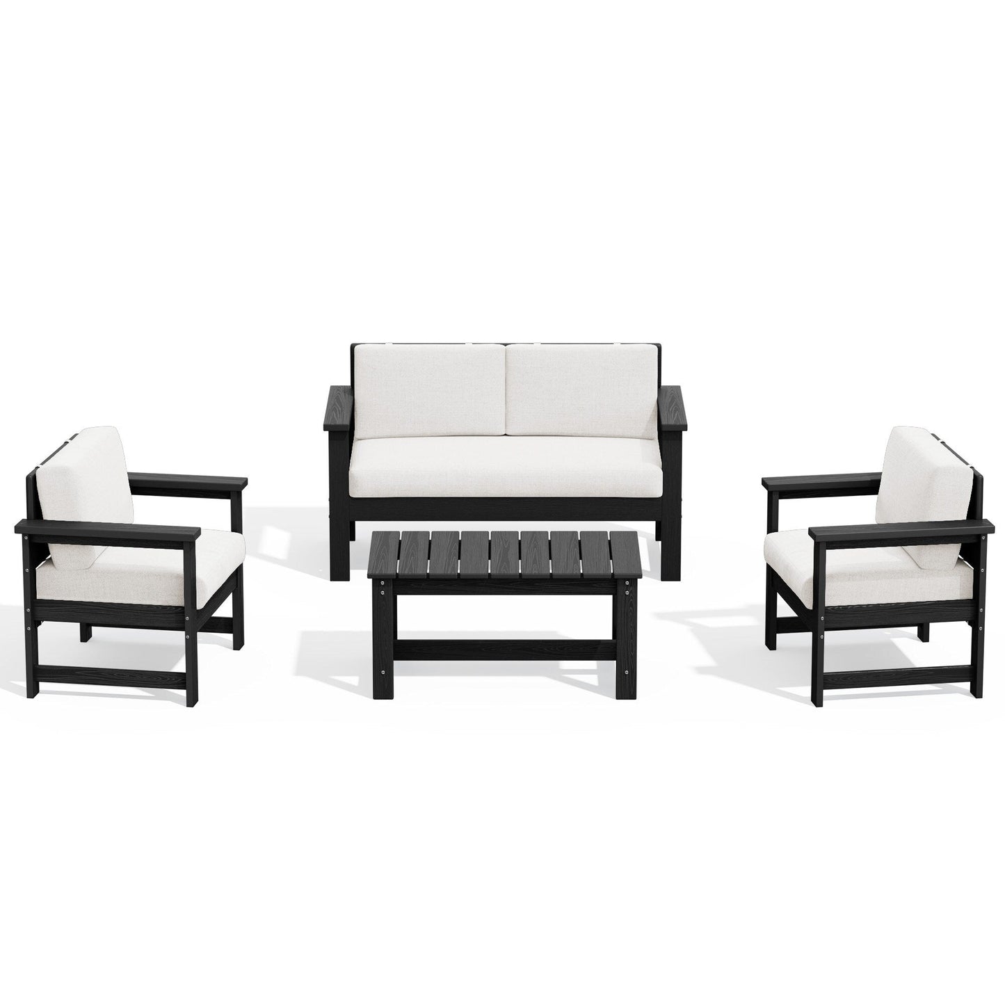 Set di divani componibili e tavolo da esterno in HDPE per patio, cuscini rimovibili inclusi, un divano a due posti, 2 divani singoli