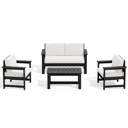 Set di divani componibili e tavolo da esterno in HDPE per patio, cuscini rimovibili inclusi, un divano a due posti, 2 divani singoli