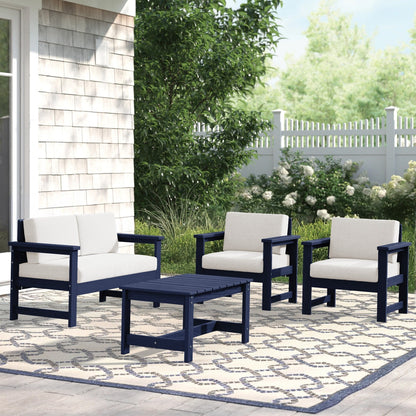 Set di divani componibili e tavolo da esterno in HDPE per patio, cuscini rimovibili inclusi, un divano a due posti, 2 divani singoli