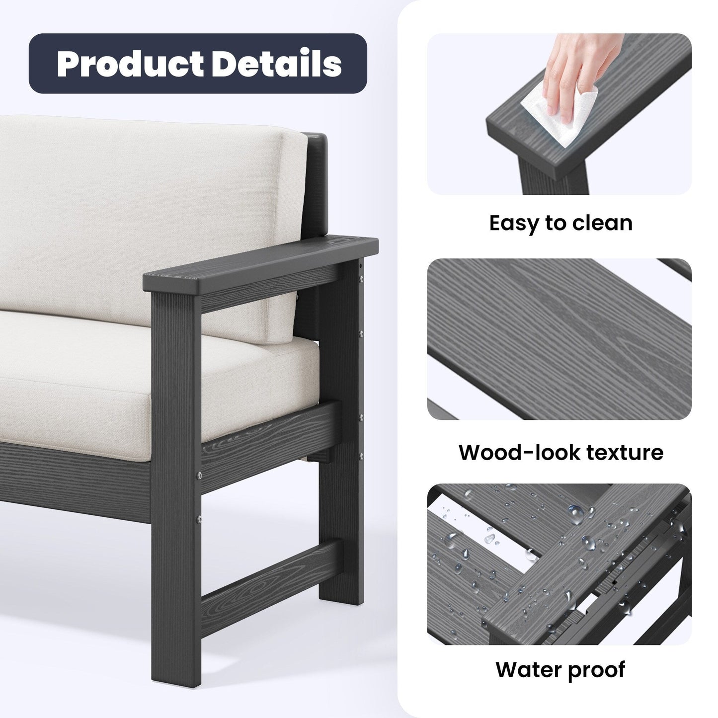 Set di divani componibili e tavolo da esterno in HDPE per patio, cuscini rimovibili inclusi, un divano a due posti, 2 divani singoli