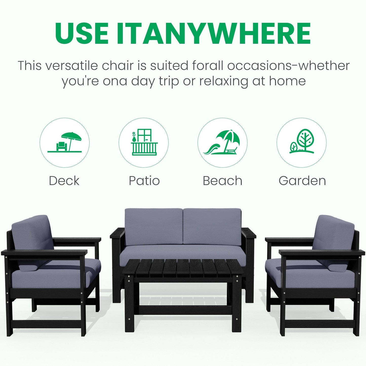 Set di divani componibili e tavolo da esterno in HDPE per patio, cuscini rimovibili inclusi, un divano a due posti, 2 divani singoli