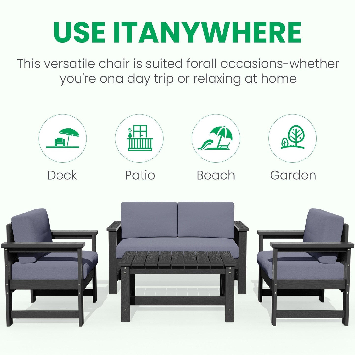 Set di divani componibili e tavolo da esterno in HDPE per patio, cuscini rimovibili inclusi, un divano a due posti, 2 divani singoli