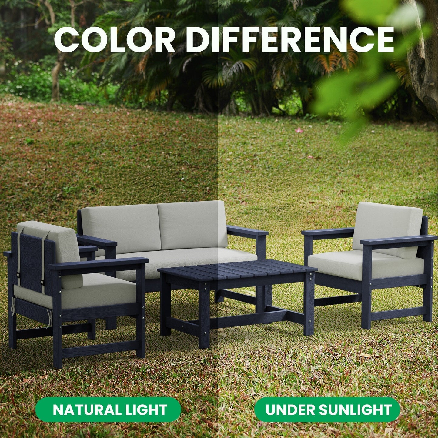 Set di divani componibili e tavolo da esterno in HDPE per patio, cuscini rimovibili inclusi, un divano a due posti, 2 divani singoli