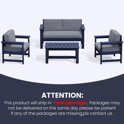 Set di divani componibili e tavolo da esterno in HDPE per patio, cuscini rimovibili inclusi, un divano a due posti, 2 divani singoli