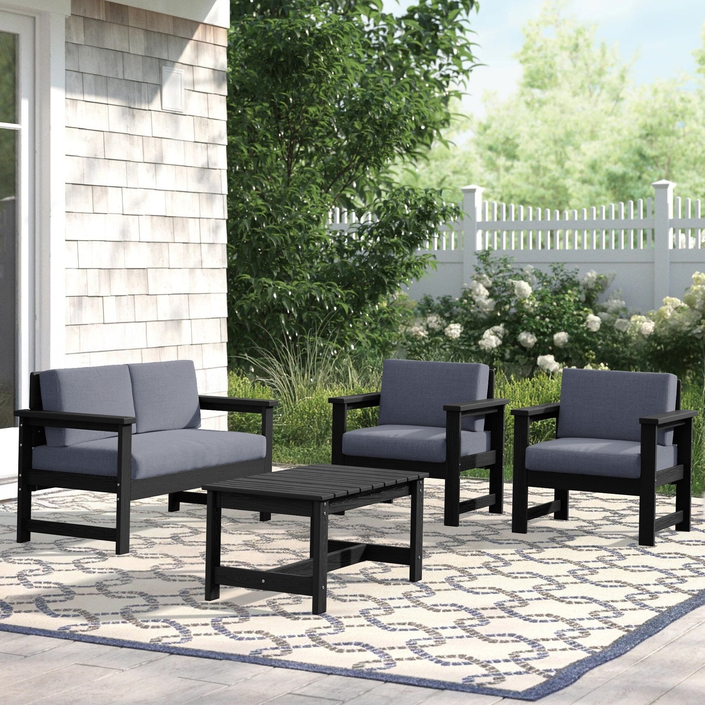 Set di divani componibili e tavolo da esterno in HDPE per patio, cuscini rimovibili inclusi, un divano a due posti, 2 divani singoli