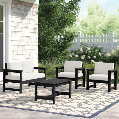 Set di divani componibili e tavolo da esterno in HDPE per patio, cuscini rimovibili inclusi, un divano a due posti, 2 divani singoli